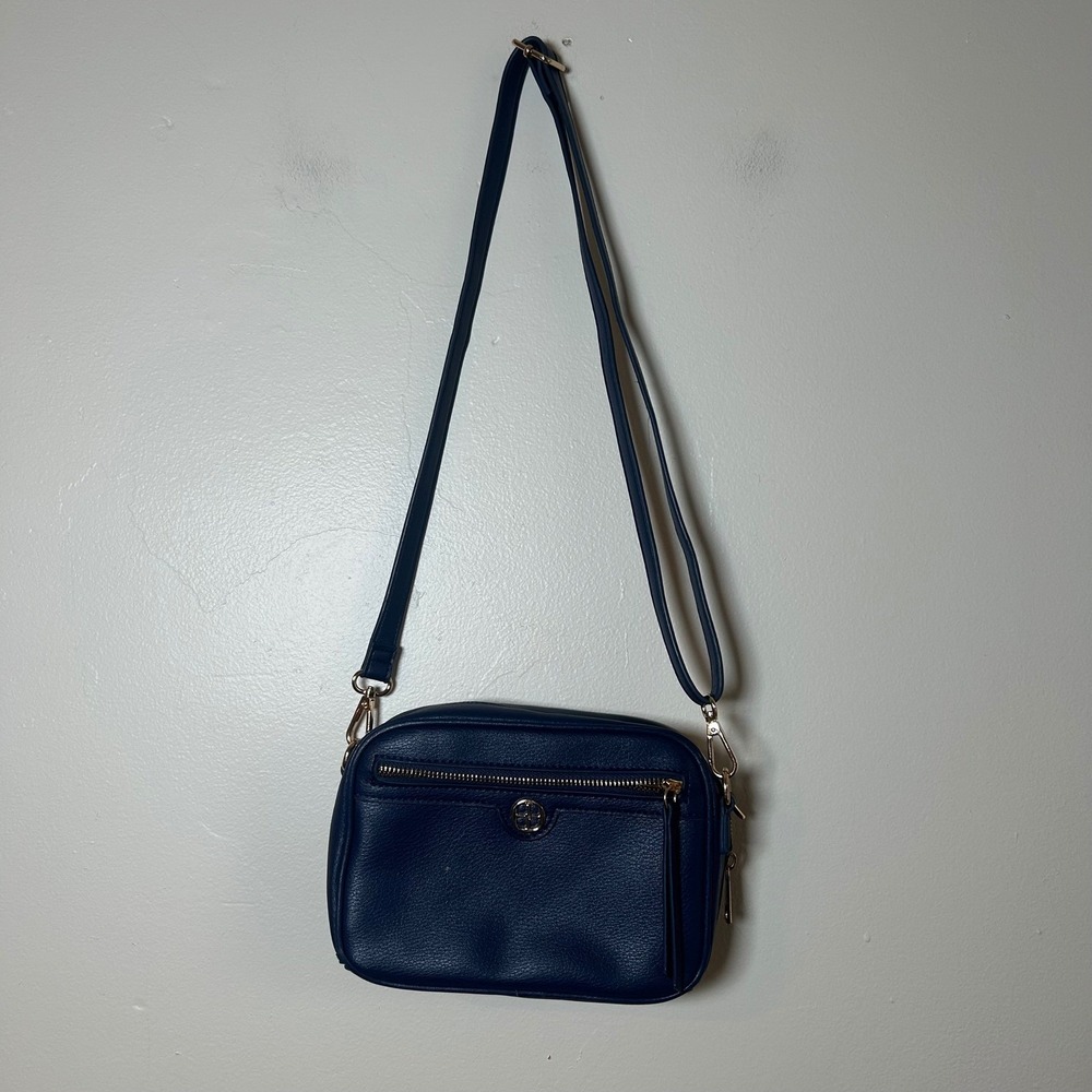 IMAN Navy Blue‎ Faux Leather Crossbody Bag With Gold Tone Hardware